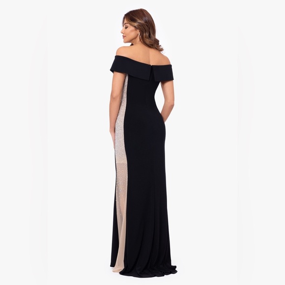 XSCAPE EVENINGS
"BRIANNA" OFF THE SHOULDER JERSEY KNIT CAVIAR BEADED GOWN - Picture 3 of 10